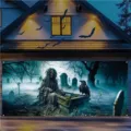 Póster grande para puerta de garaje de Halloween con escena de cementerio zombie - Zombie de Cementerio Espeluznante (CK-016) / 400x180cm