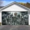 Pancarta para puerta de garaje de Halloween con esqueletos y murciélagos para decoración - Castillo de Esqueleto Gigante (CK-020) / 400x180cm