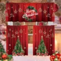 Red Christmas kitchen curtain set with Merry Christmas wreath and decorated trees 3pcs - Small Curtain 66x91cm (Two Pieces) / CL-001