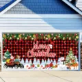 Large Merry Christmas garage door banner with red buffalo plaid and Santa Claus decor. - Red and Black Plaid Holiday Theme (CK-010) / 400x180cm