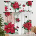 3-Piece Christmas kitchen curtain set featuring red poinsettia and green pine needle print - Small Curtain 66x91cm (Two Pieces) / CL-002