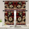 Weihnachts-Küchenvorhang-Set mit Weihnachtsstern, Glocken und rotem Karomuster am Fenster - Schabracke 138x45cm / Stil 008