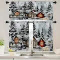 Festive Christmas kitchen curtain set with snowy cabin and pine forest winter scene - Short Curtain 66x91cm (2 Pieces) / Style 001