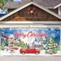 Large Christmas garage door banner with festive snowy scene and Santa illustration - Colorful Sleigh and Red Truck (CK-011) / 400x180cm