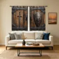 Cortinas decorativas con estampado de puerta de madera medieval, espada y escudo - Puerta de Madera Vintage / Cortina Pequeña 66x91cm (Dos Piezas) / CL-003