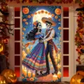 Traditional Mexican Day of the Dead door banner with dancing skeletons and flowers - Style 4 / 90x180cm