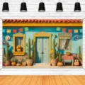 Levendige Mexicaanse fiesta fotografie achtergrond met cactus en bloem patronen - SBJ-003 / 95x75cm