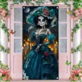 Day of the Dead door banner featuring an elegant Catrina figure with roses and candles - Style 1 / 90x180cm