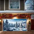 Festive outdoor Christmas garage banner featuring a winter snowy forest landscape - Winter Pine Forest Snow Mountain (CK-007) / 400x180cm