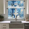 Winter themed Christmas kitchen tier curtains and valance set with blue snowman print design - 66x91cm (2 Pieces/Pack) / Blue Snowman Theme (CL-002)
