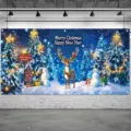 Large Christmas garage banner with reindeer and snowman design for outdoor holiday parties - Christmas Red Blue Night (CK-008) / 400x180cm
