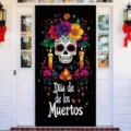 Día de los Muertos door banner featuring a colorful sugar skull and floral design on black - Style 5 / 90x180cm