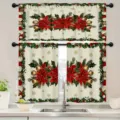 Festive Christmas kitchen curtain set with poinsettia and evergreen print for windows - 66x91cm (2 Pieces/Pack) / Christmas Flower & Gold Snowflake (CL-004)