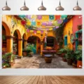 Levendige Mexicaanse binnenplaats fotografie achtergrond met feestvlaggen - Mexicaanse Binnenplaats Stijl (SBJ-005) / 95x75cm