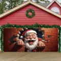 Santa Claus brick wall 3D Christmas garage door banner holiday outdoor decoration - Brick-Breaking Santa Claus (CK-012) / 400x180cm