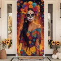 Day of the Dead door banner with colorful Catrina sugar skull and floral art design - Style 7 / 90x180cm