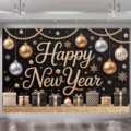 Happy New Year photography backdrop featuring gold gift boxes and festive baubles - New Year Backdrop (SBJ-016) / 95x75cm