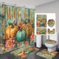 4-piece bathroom set featuring Hello Fall pumpkin and floral print shower curtain mats - Single Shower Curtain 90x180cm / Leopard Pumpkin Floral Style (YL-010)