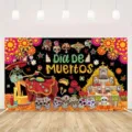 Mexikanische Tag der Toten Hintergrund für Partys mit Totenköpfen und Blumen - Mexikanischer Tag der Toten Gitarre spielendes Skelett-Stil (SBJ-003) / 95x75cm