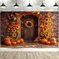 Sfondo fotografico autunnale con zucche, girasoli e foglie cadenti per feste a tema. - Foresta di Zucche Autunnali (SBJ-003) / 95x75cm / Colorato
