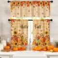 Rustic Thanksgiving kitchen curtain set with pumpkin and maple leaf 'Hello Fall' print - Two-Piece Set (CL-004) / Small Curtain 66x91cm