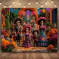 Vibrant Día de los Muertos Hintergrund mit Skelettfamilie und Studentenblumen Dekoration - Mexikanischer Tag der Toten Skelett-Familie von vier Personen Stil (SBJ-004) / 95x75cm