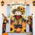 Banner de puerta otoñal con espantapájaros lindo y texto 'Welcome Fall' festivo. - Bienvenida Otoño Espantapájaros (ML-002) / 90x180cm