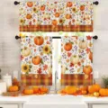 Cortinas de cocina de otoño con estampados de calabazas girasoles y borde de cuadros - Cenefa (138x45cm) / Calabaza y Girasoles (CL-009)
