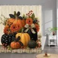 Herbst-Duschvorhang mit dekorativen Kürbissen und schönen orangefarbenen Blumen. - Einzelner Duschvorhang 180x180cm / Herbst Ernte Muster (YL-014)
