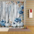 Duschvorhang im Vintage-Holzlook mit blau-weißen Herbstkürbissen und bunten Ahornblättern - Einzelner Duschvorhang (90x180cm) / Blau Weiß Kürbis Holz (YL-001)