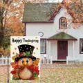 Happy Thanksgiving decorative garden flag featuring a cute cartoon turkey and fall leaves - Q-003款式 / 30x45cm