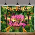Tropical summer island birthday backdrop with neon Happy Birthday text and palm leaves - Style SBJ-003 / 95x75cm