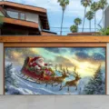 Large Christmas garage door banner featuring Santa Claus and reindeer sleigh in snowy forest - 400x180cm / Reindeer Sleigh (CK-003)