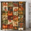 Herbstlicher Duschvorhang mit Motiven von Kürbissen und bunten Ahornblättern im Patchwork - Einzelner Duschvorhang 90x180cm / Patchwork Herbst Muster (YL-015)