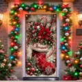 Festliches Weihnachts-Türbanner mit großem Stiefel voller Blumen und Geschenken geschmückt - Weihnachtssocke Blumen Stil (ML-003) / 90x180cm