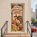Póster festivo para puerta de Acción de Gracias con pavo animado y frutas de cosecha - Feliz Acción de Gracias Pavo (ML-003) / 90x180cm