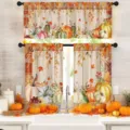Fall kitchen window tier curtains set with festive pumpkin sunflower and plaid print - Two Tiers (66x91cm) / Pumpkin Sunflower (CL-003)