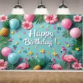 Tropical summer flamingo birthday backdrop with palm leaves and pineapples for party decor - Summer Island Style (SBJ-005)