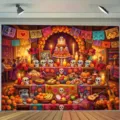 Farbenfrohes Hintergrundtuch zum Tag der Toten mit bunten Zuckerschädeln und Ringelblumen - Mexikanischer Tag der Toten Traditioneller Altar-Stil (DABJB050) / 95x75cm