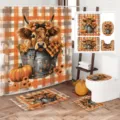 Autumn highland cow bathroom set with plaid pumpkin shower curtain and mats - Single Shower Curtain 90x180cm / YL-004