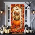 Pancarta de bienvenida de otoño para puerta con calabaza y hojas de arce para Halloween - Bienvenida Calabazas Apiladas (ML-005) / 90x180cm