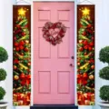Christmas porch banners with festive tree design and heart-shaped love wreath decoration - Golden Star Red Green Print Christmas Tree Style (SDL-007)