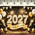 2027 New Year's Eve backdrop featuring golden champagne bottles, fireworks and balloons - 2027 New Year Backdrop (SBJ-005) / 95x75cm
