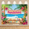 Tropical beach birthday backdrop with palm trees and flowers for summer party photography. - Style SBJ-006