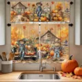 Autumn kitchen curtain set with pumpkin and scarecrow print for farmhouse decor - Two Tiers (66x91cm) / Pumpkin Scarecrow (CL-004)