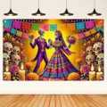 Levendige Dag van de Doden achtergrond met een skeletkoppel en goudsbloem decoratie - Mexicaanse Dag van de Doden Skelet Bruiloft (SBJ-011) / 95x75cm