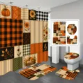 Thanksgiving autumn bathroom 4-piece set with plaid sunflower and pumpkin patterns - Single Shower Curtain 90x180cm / YL-005