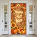 Pancarta festiva Happy Fall Y'all para puerta con calabazas y girasoles de otoño - Veta de Madera Feliz Otoño (ML-006) / 90x180cm