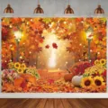 Autumn Thanksgiving photography backdrop with pumpkins, maple leaves, and forest path - 95x75cm