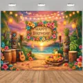 Tropical summer island beach birthday backdrop with Tiki and palm tree prints for party - Style SBJ-007